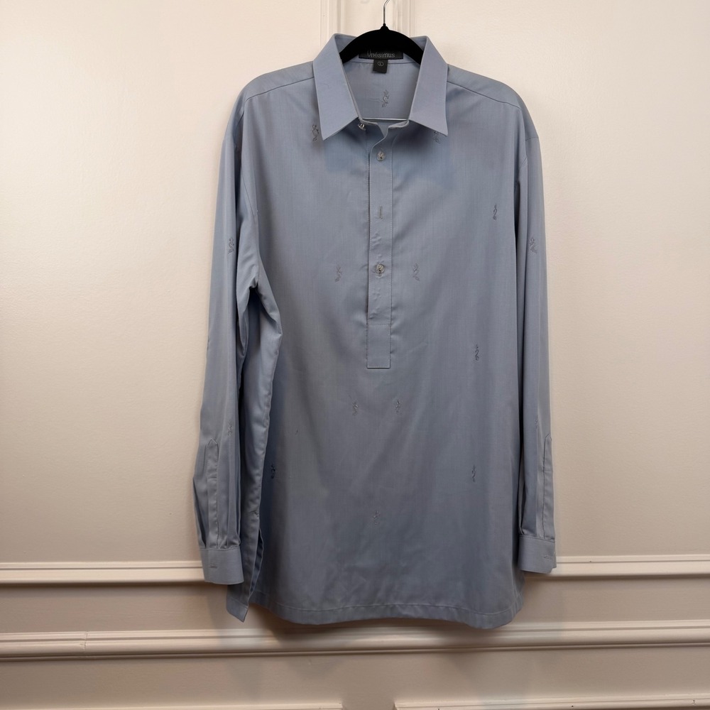 Onesimus Mens Light Blue Wrinkle Free Slim Barong Tagalog Long Sleeve Shirt L